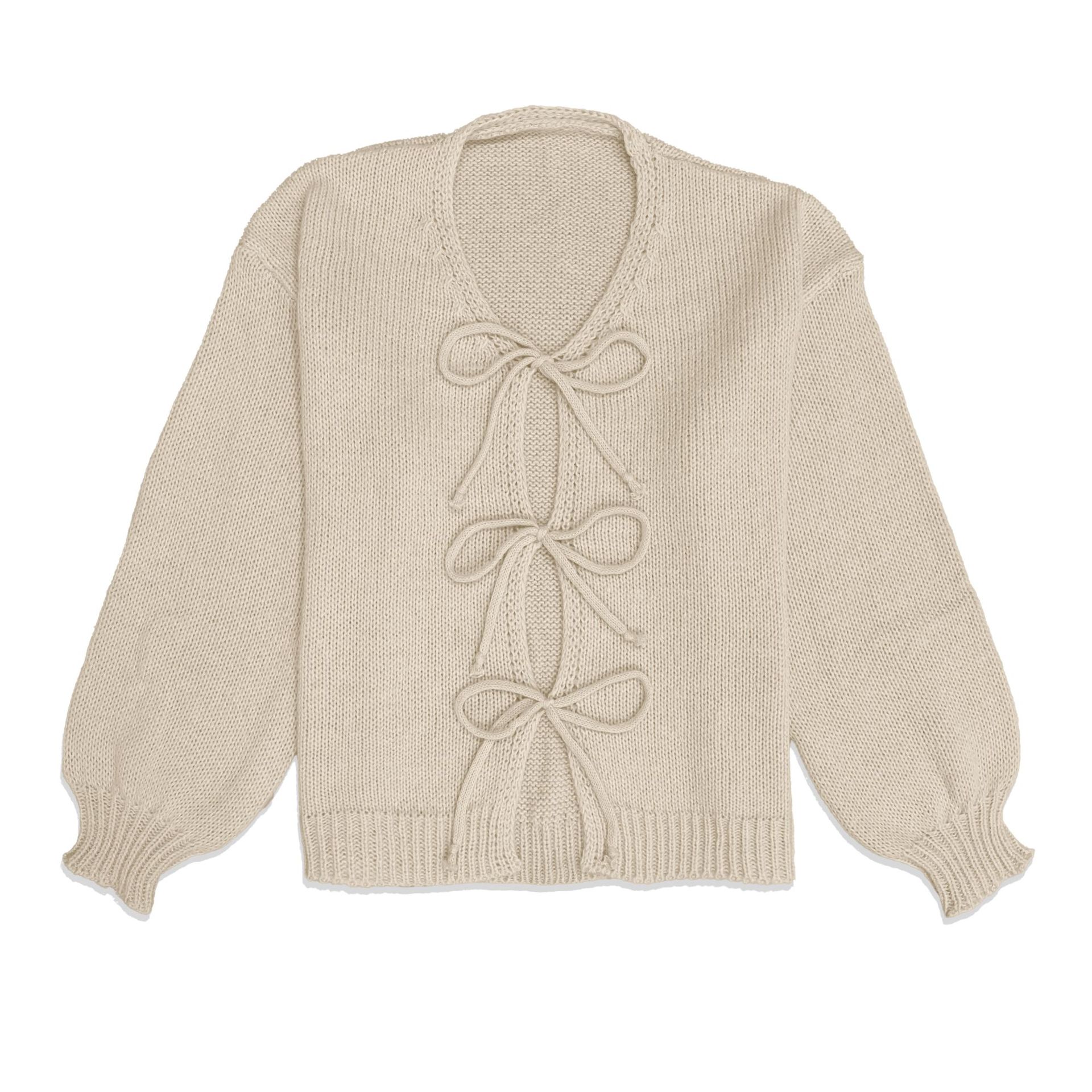 Crewneck Tie-Front Knit Cardigan Sweater