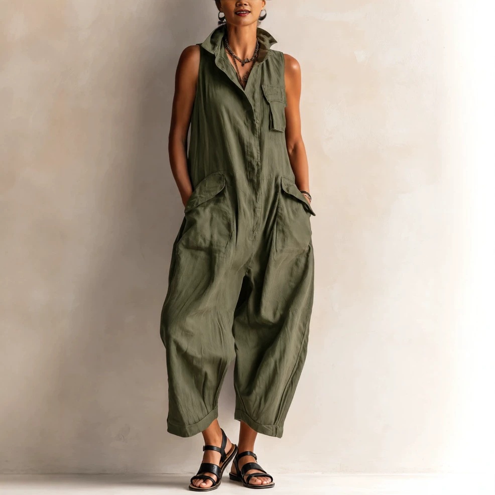 Black Sleeveless Cargo Wide-Leg Jumpsuit