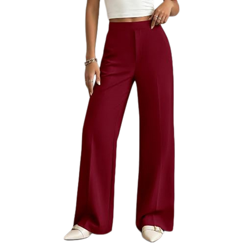 Women's Solid Color Wide-Leg Pants Elastic Waist Casual Commuter Trousers