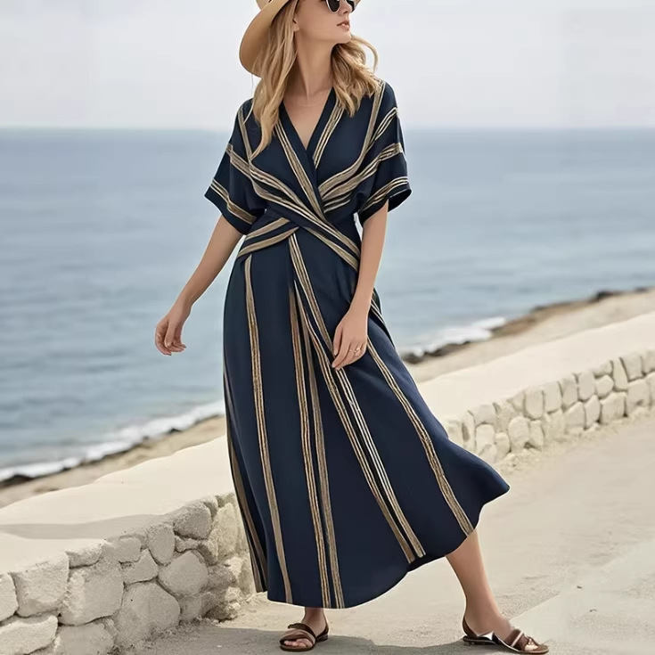 Women's V-Neck Short Sleeve Pleated Maxi Dress