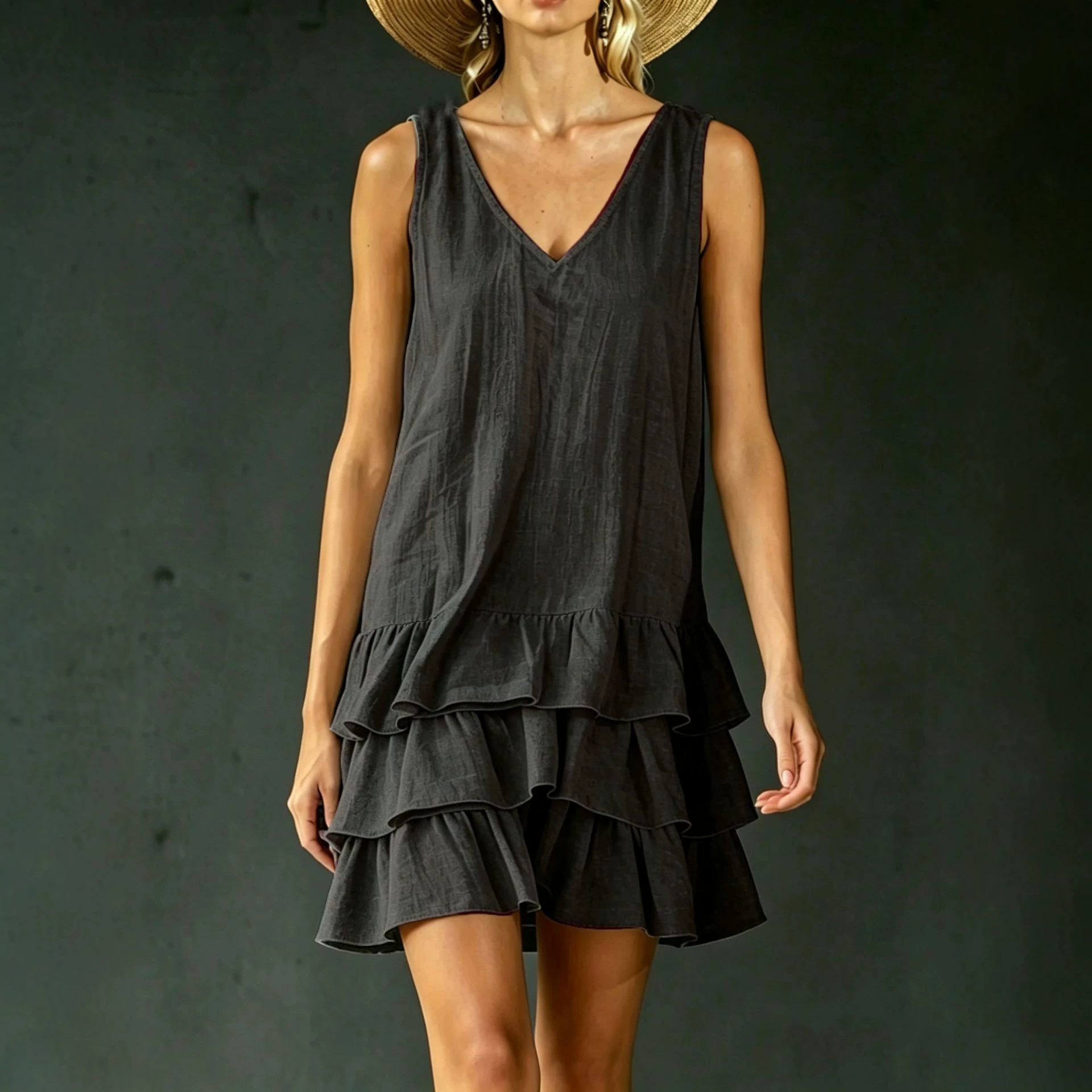 Women's Loose Solid Color Side Pocket Tank Dress Casual V-Neck Sleeveless Midi