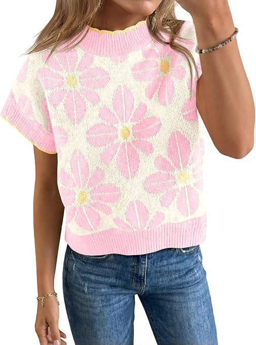 Women's Floral Knit Short Sleeve Sweater Vintage Crew Neck Loose Summer Pullover
