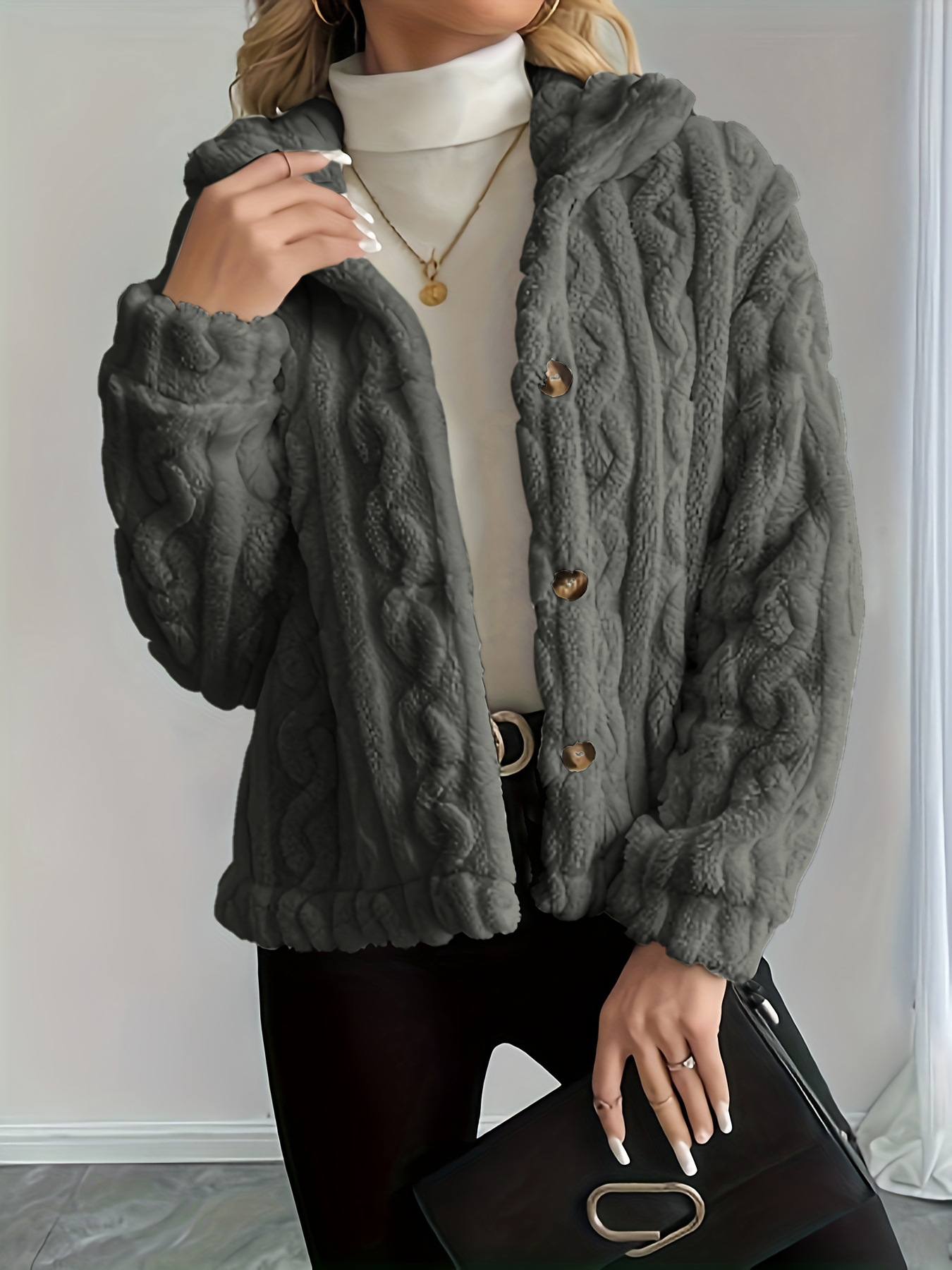 Double-Sided Fleece Cable-Knit Women's Jacket Cozy Warm Button-Up Coat