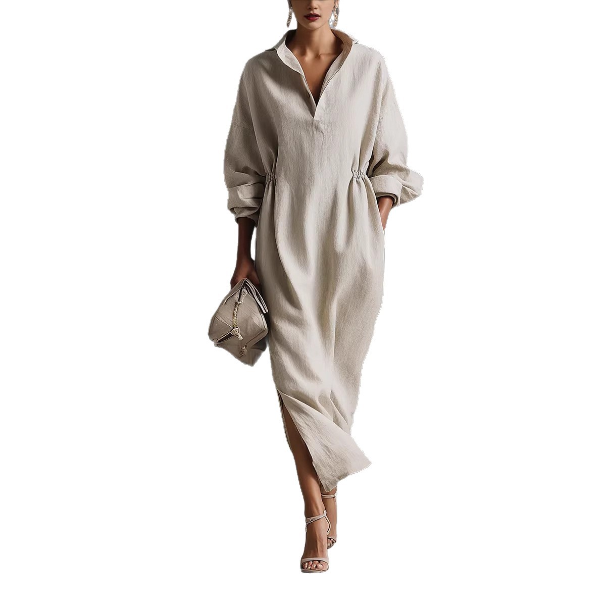 Women's French Casual Long Sleeve Collared Split Long Dress