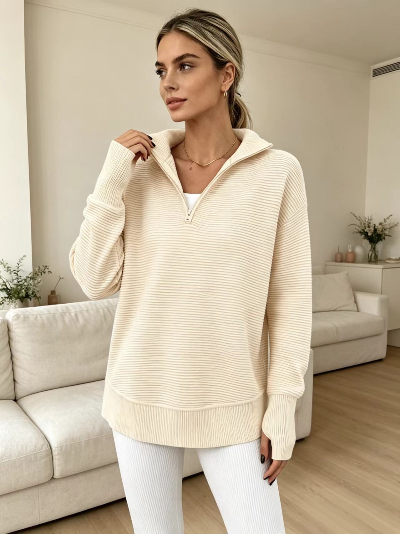 Women's Knit Half-Zip V-Neck Loose Midi Pullover Sweater with Dolman Sleeves