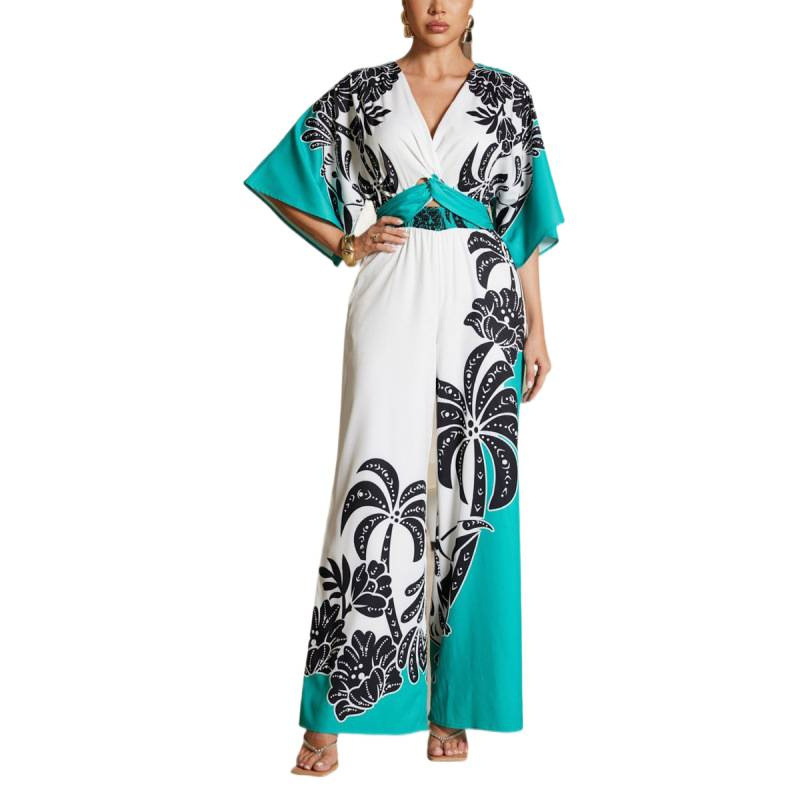 Women's V-Neck Printed Wide-Leg Jumpsuit