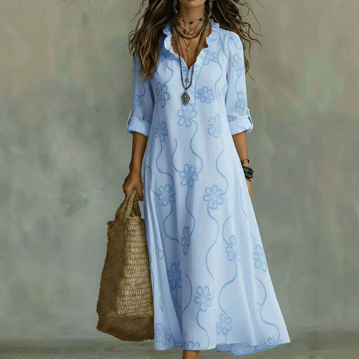 Bohemian Floral Print V-Neck Lace Trim Midi Dress