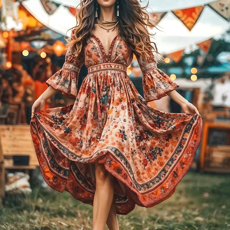 Floral Print Bell Sleeve V-Neck Long Dress