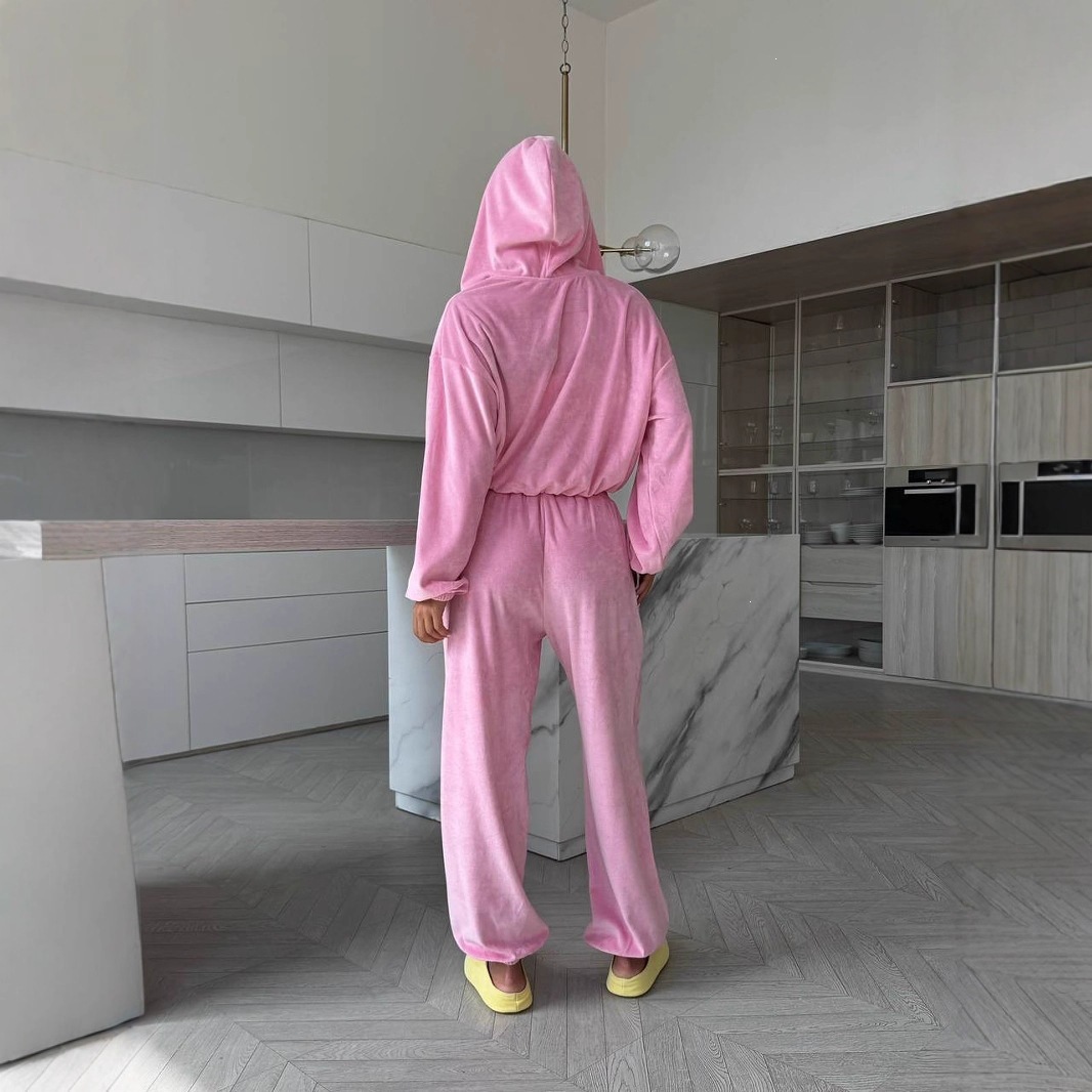 Women's Casual Hooded Two-Piece Set Zip-Up Drawstring Waist Solid Color
