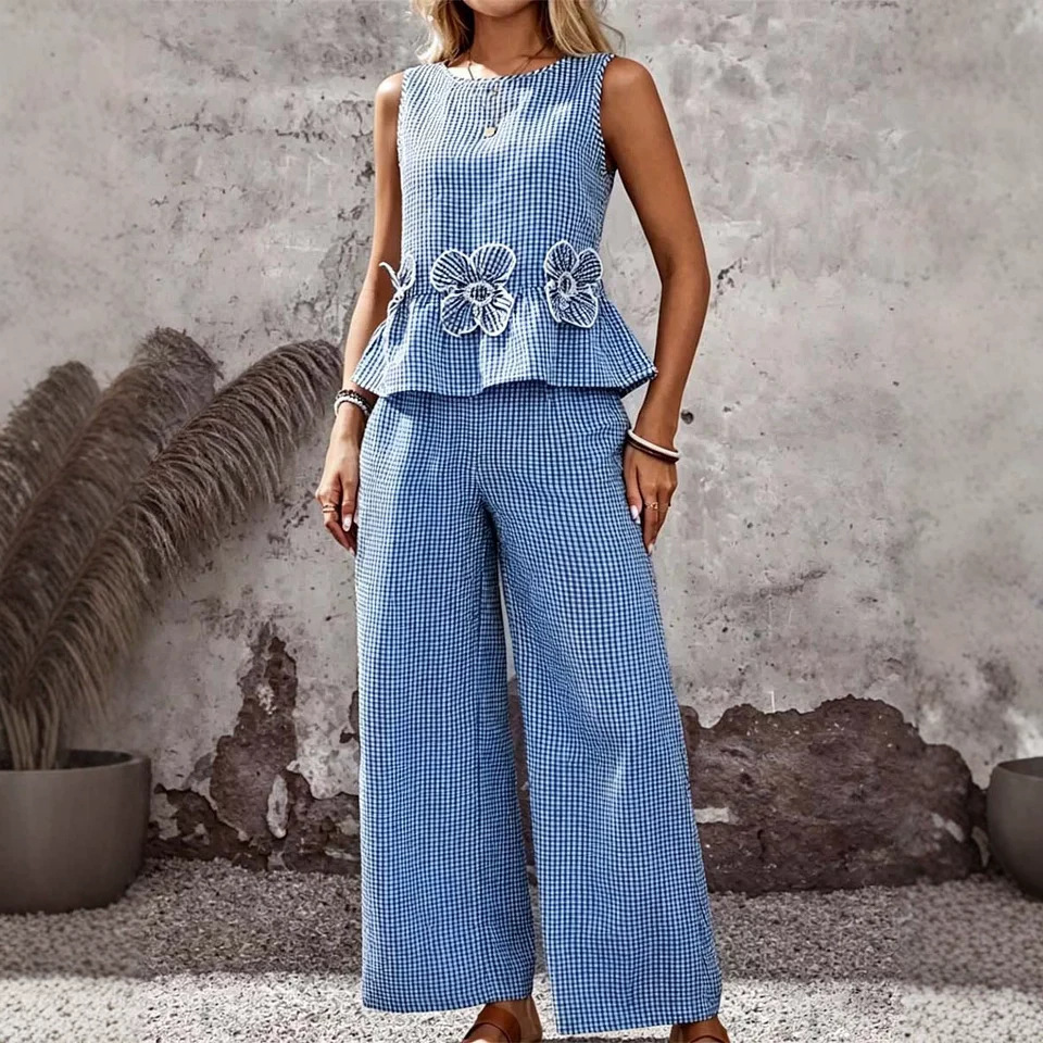 Women's Striped Floral Cotton-Linen Top and Pants Set