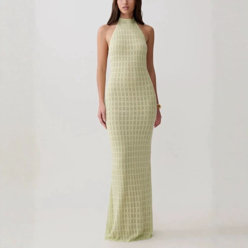 Women's Sexy Mesh Halter Neck Knit Long Dress