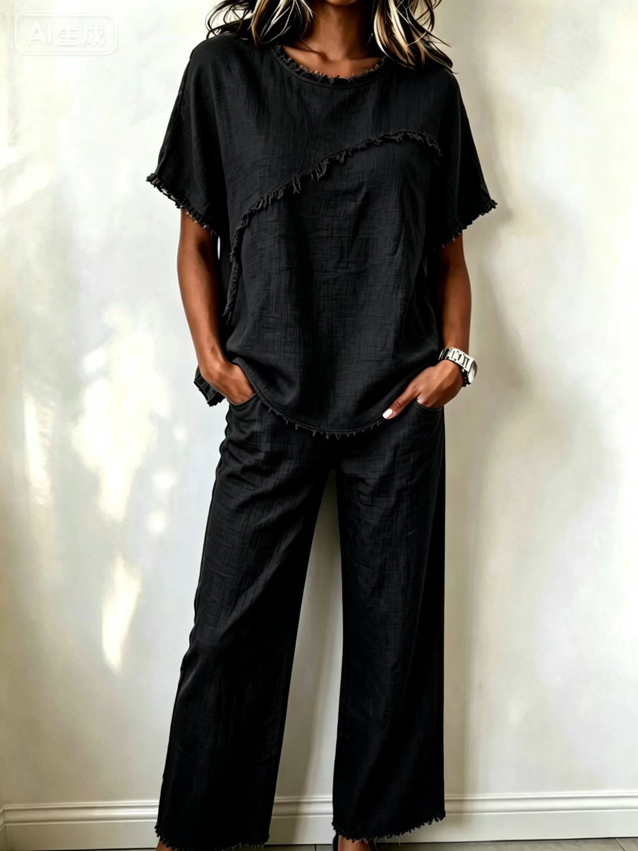 Women's Linen Two-Piece Set with Fringe Short Sleeve Top and Pants