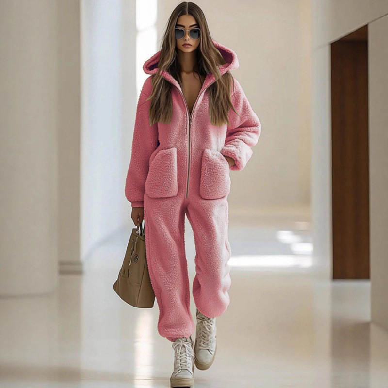 Women's Hooded Fleece Jumpsuit with Pockets Straight Leg Loose Fit