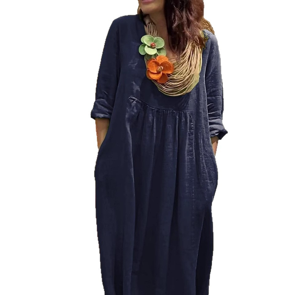 Women's V-Neck Cotton-Linen Casual Dress Solid Color A-Line Midi