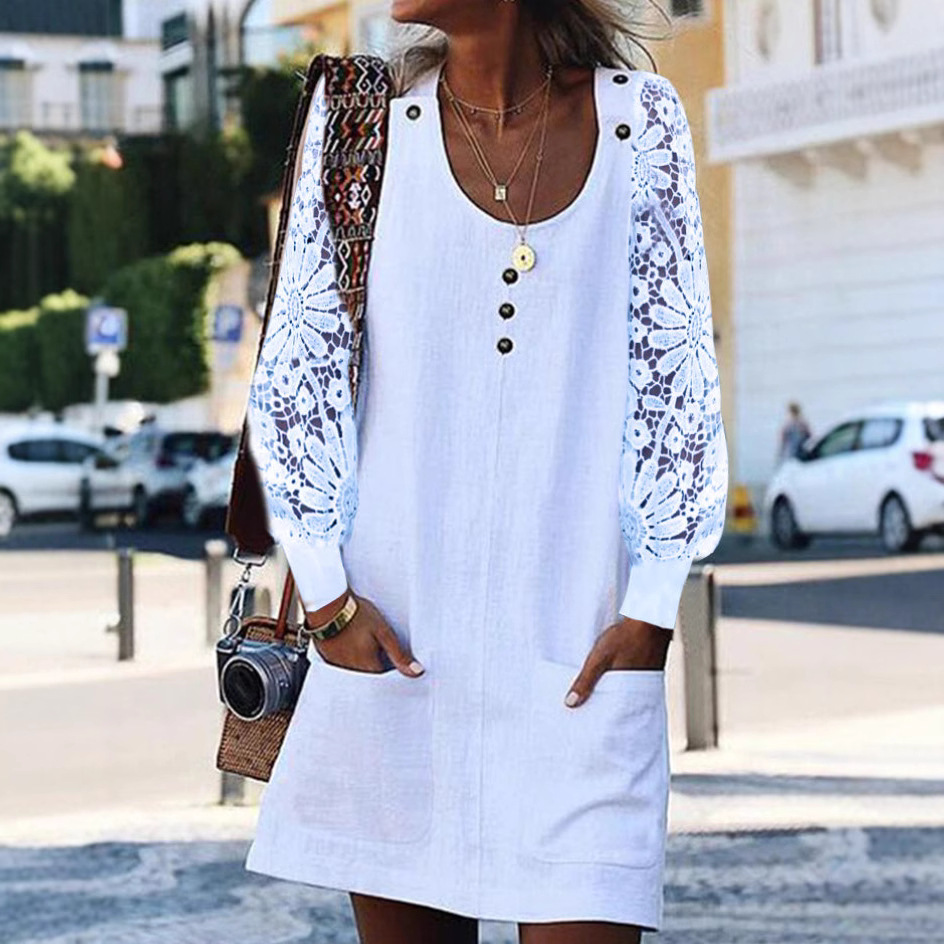 Women's Summer Solid Color Cutout Long Sleeve U-Neck Button Dress with Pockets