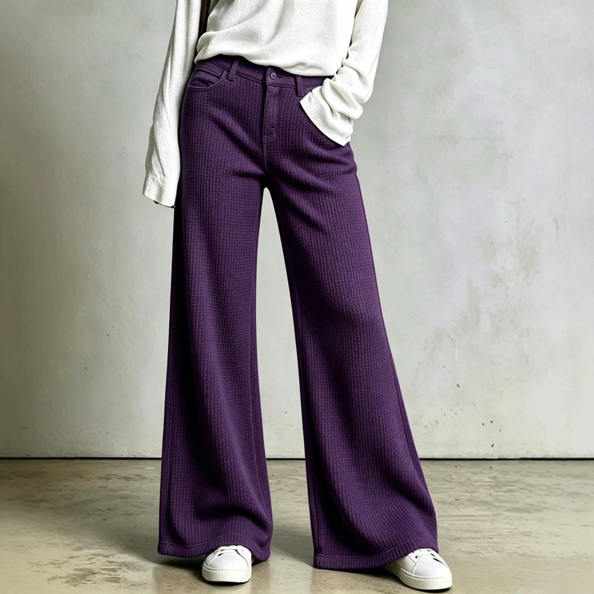 Waffle Knit High-Waist Straight-Leg Pants