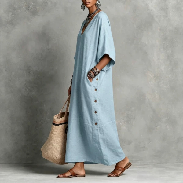 Linen-Blend Loose V-Neck Side-Button Midi Dress