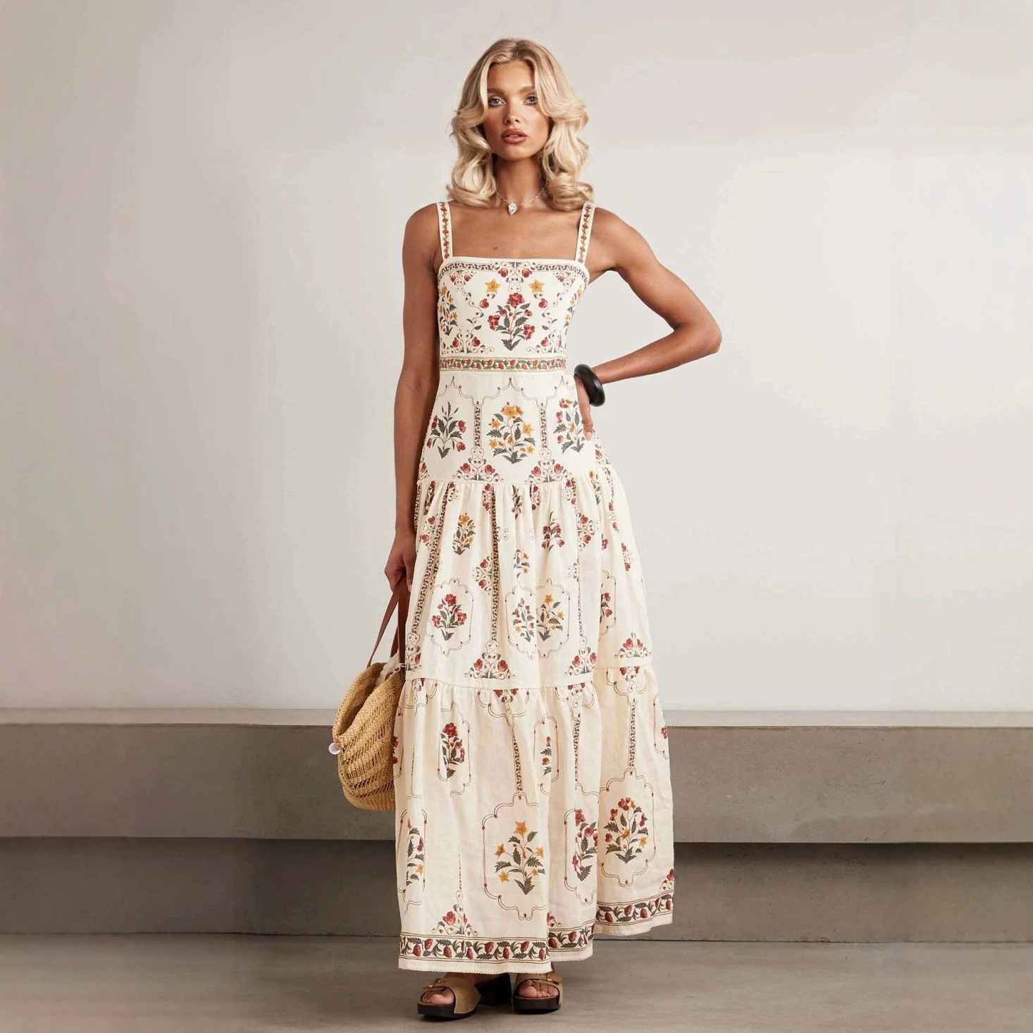 Bohemian High-Waist Floral Maxi Dress Sleeveless Beach Vacation