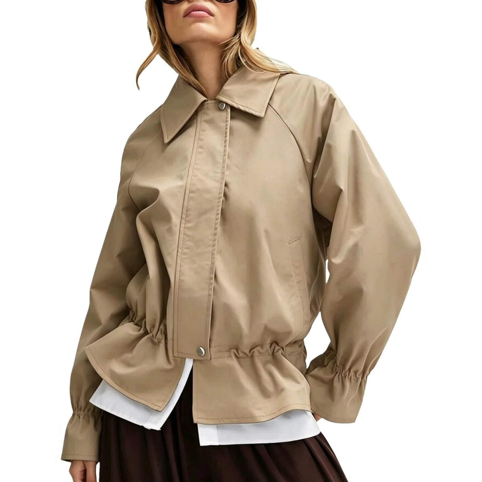 Women's Loose Fit Polo Collar Zip-Up Jacket with Cinched Waist