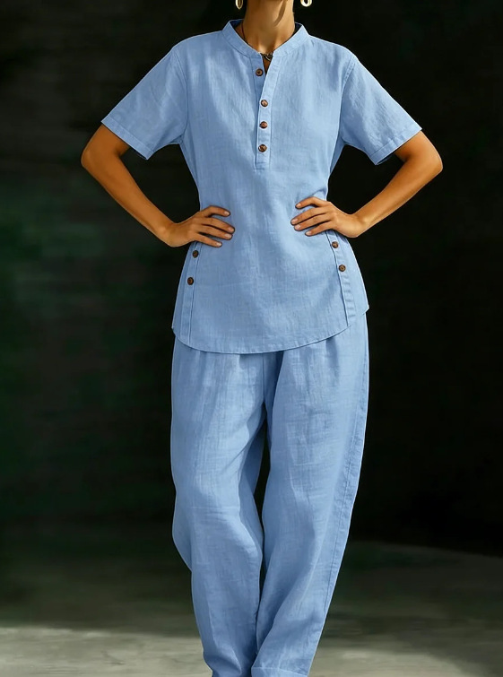 Women's Linen-Blend Button Shirt and Wide-Leg Pants Two-Piece Set