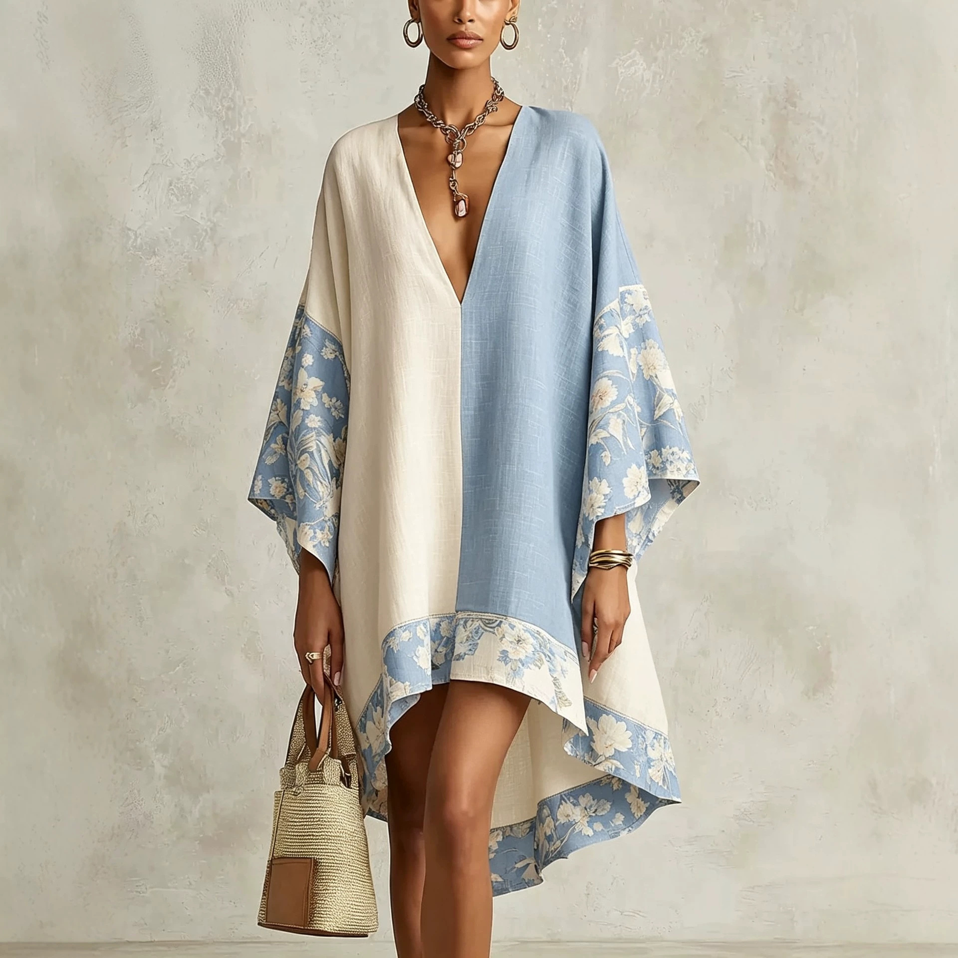 Color-Block V-Neck Loose Floral Print Bell Sleeve Irregular Vacation Dress