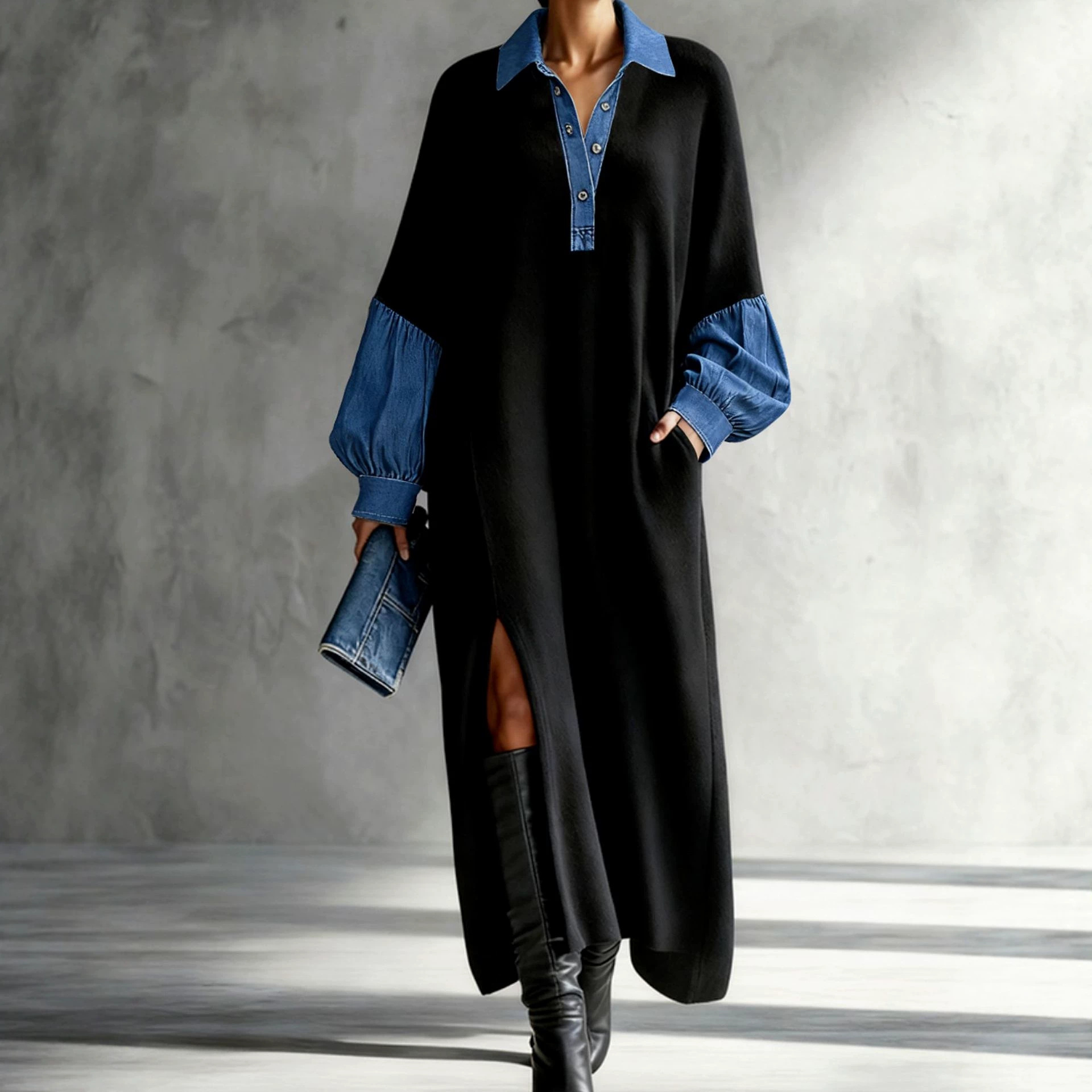 Retro Colorblock Denim-Look Polo Collar Lantern Sleeve Loose A-Line Dress