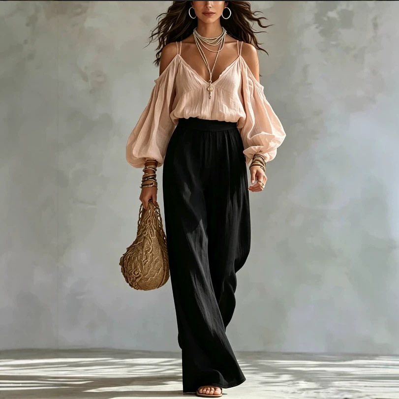 V-Neck Cold-Shoulder Long-Sleeve Solid Top & High-Waist Black Wide-Leg Pants Women's Two-Piece Set