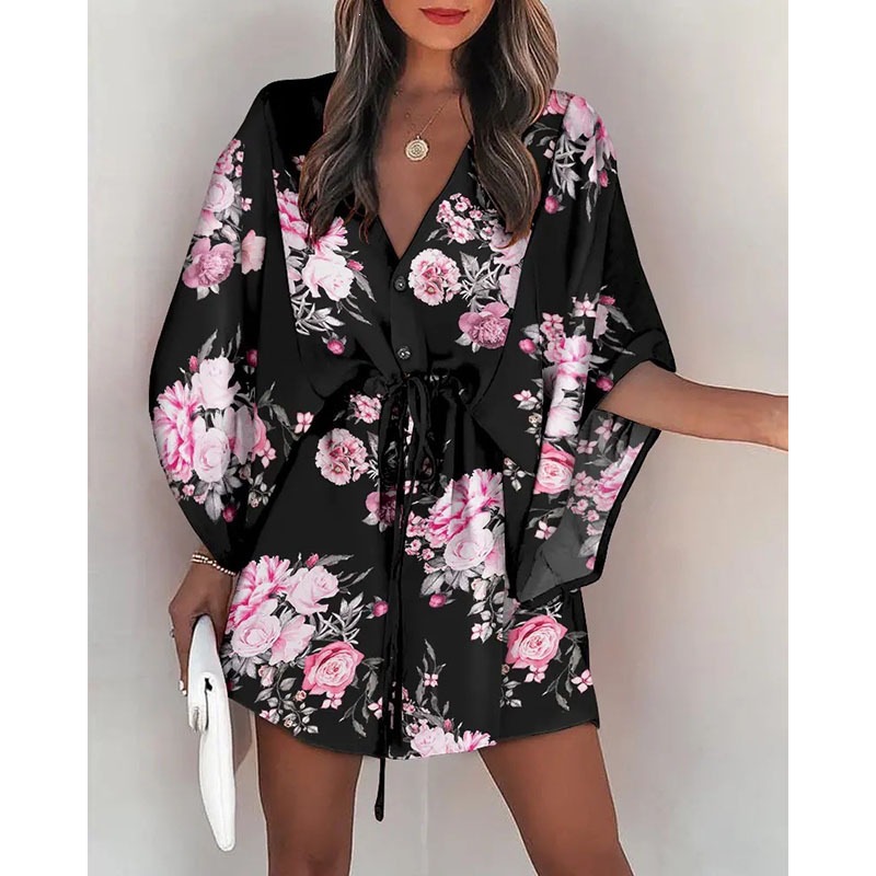 Women's Summer V-Neck Tie-Front Floral Print Patchwork Beach Dress