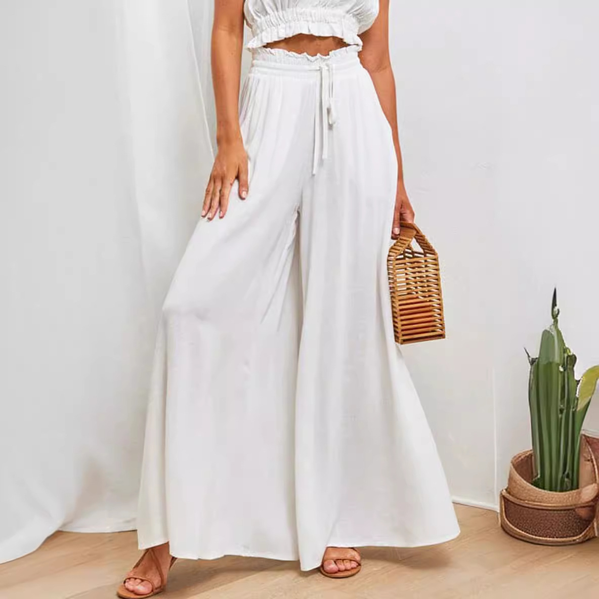 High-Waist Drawstring Flare Pants Solid Color Loose Wide-Leg