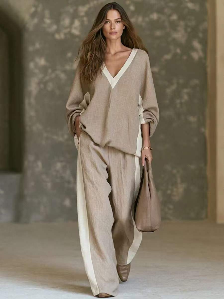 V-Neck Loose Wide-Leg Two-Piece Pants Set