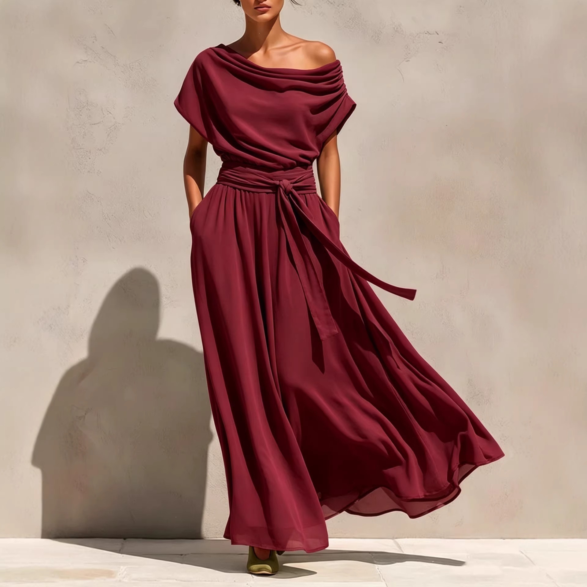 Boat Neck Short Sleeve Bohemian Chiffon Waist-Cinching Slimming Dress