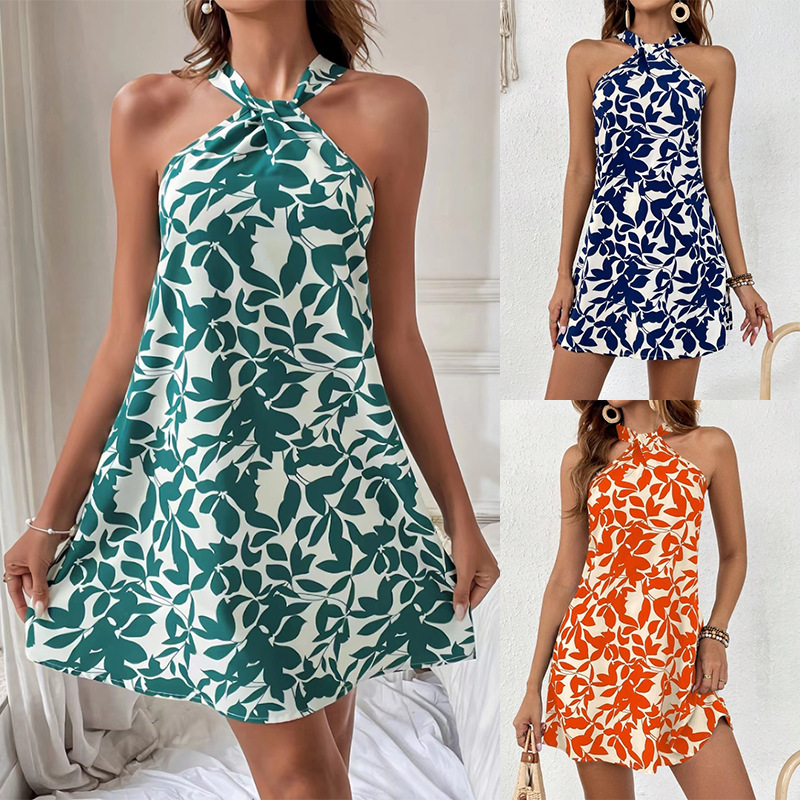 Printed Sleeveless Halter Backless Ruffle Midi Dress
