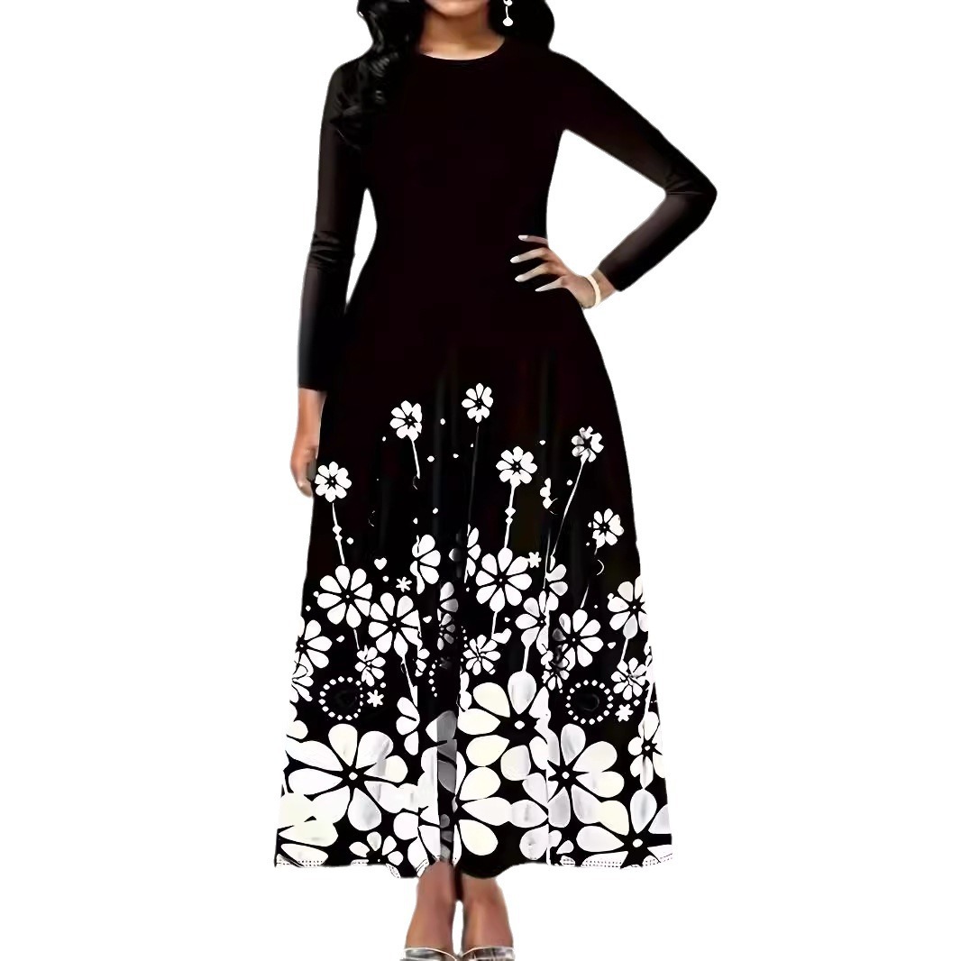 Women's Long Sleeve Printed Loose Round Neck Pleated Midi Dress