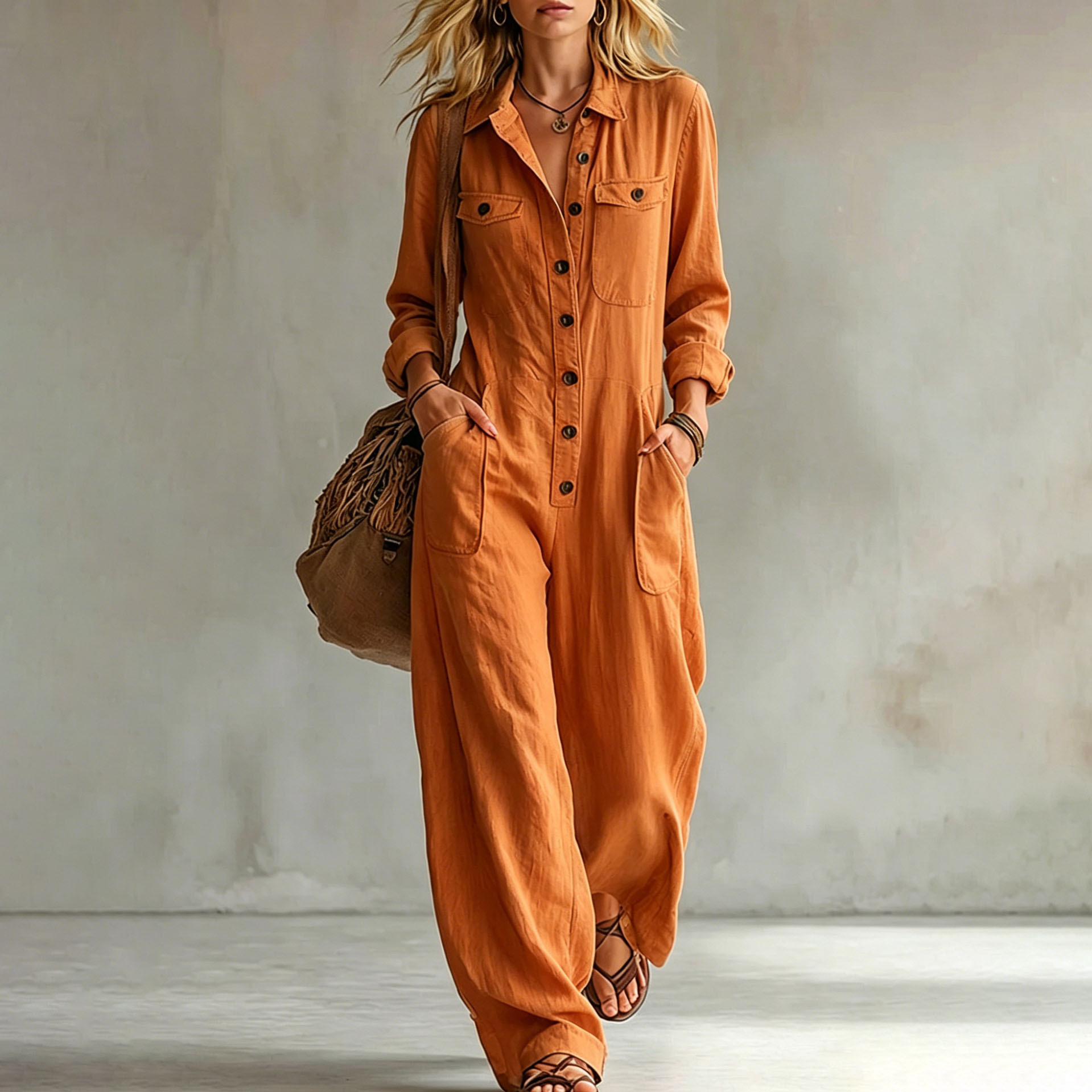 Women's Casual V-Neck Long Sleeve Jumpsuit with Pockets