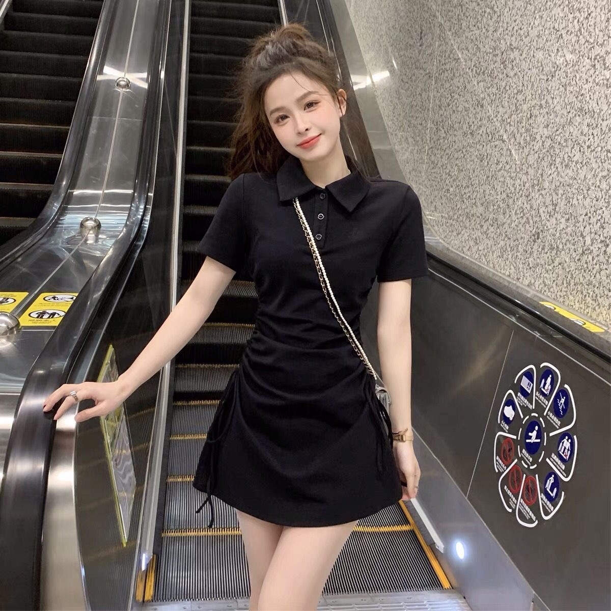 Pure Desire Style Polo Collar Dress with Drawstring Tie Short Sleeve Slimming