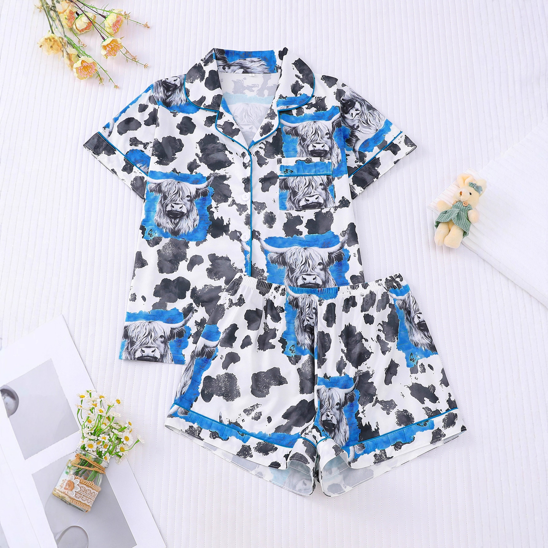 Women's Cuban Collar Polka Dot Short Sleeve Shirt Set Casual Summer