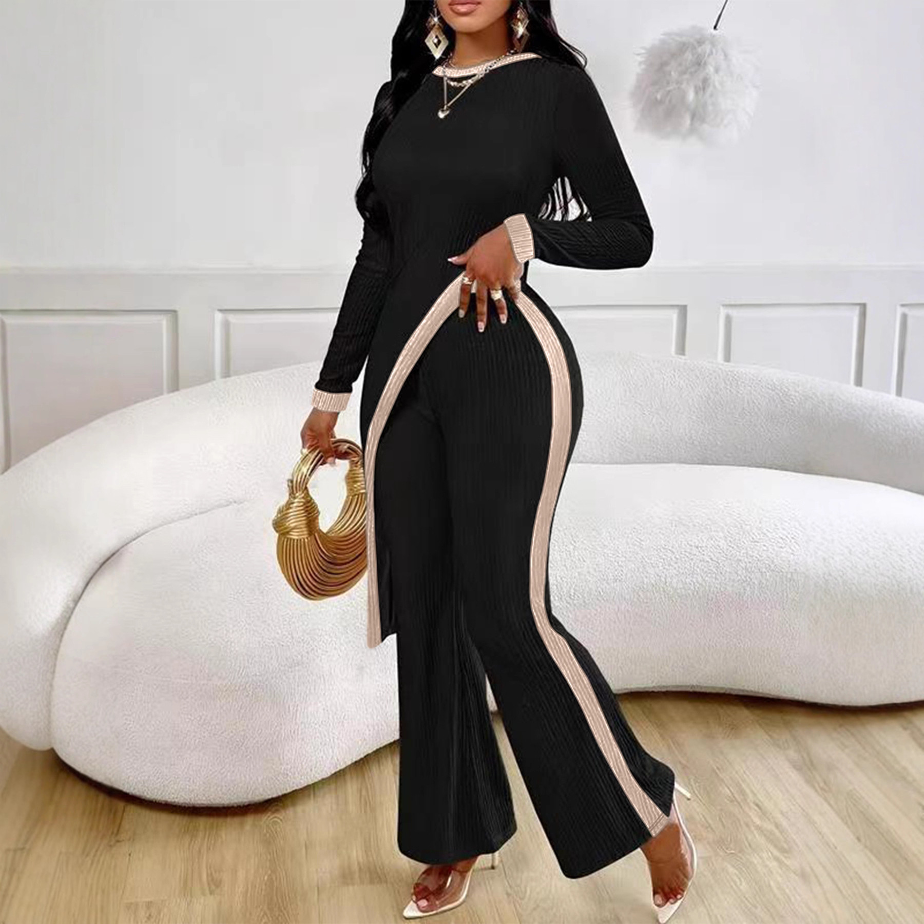 Women's Color-Block Long-Sleeve T-Shirt & Patchwork Pants Set