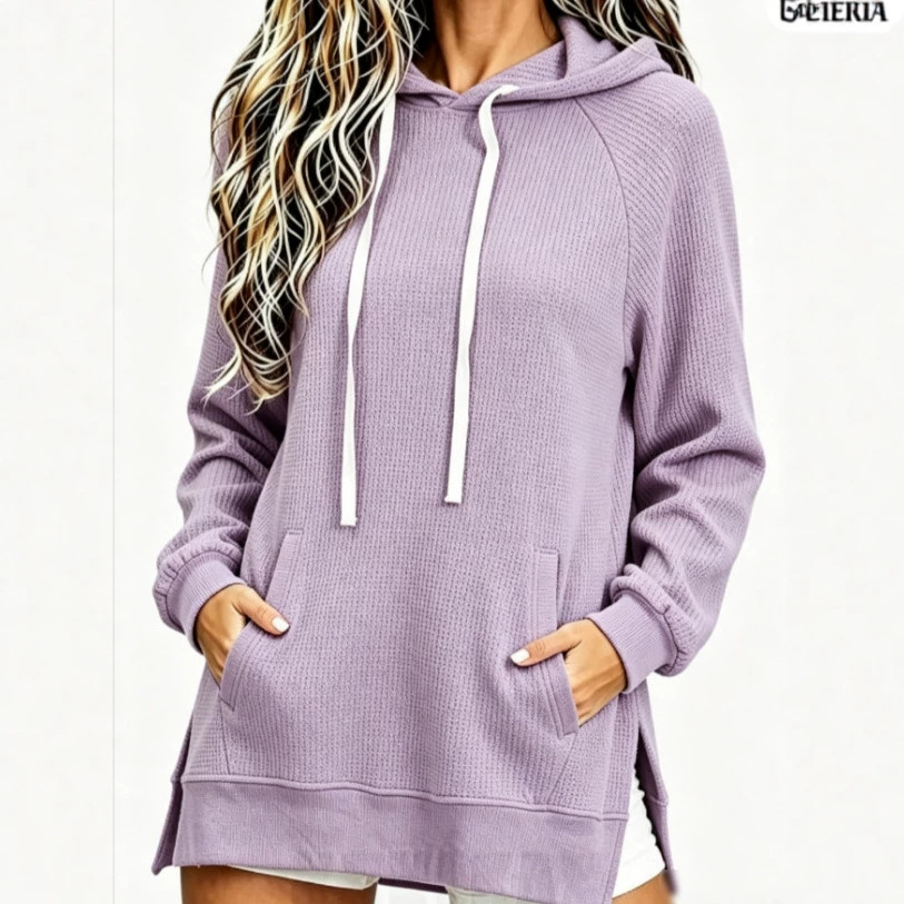 Women's Waffle Knit Hooded Sweatshirt Fall Winter New Loose Mid-Length Pullover with Pockets