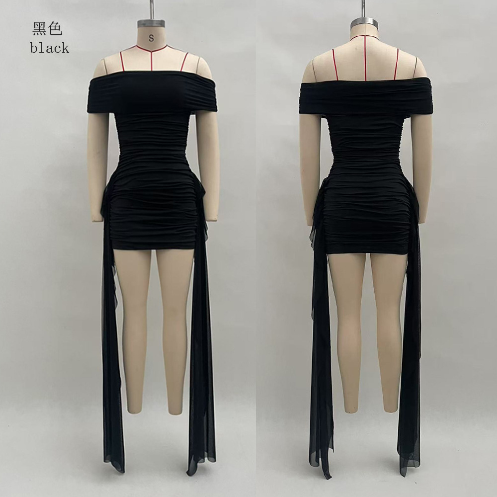 Women's Off-Shoulder Ruched Bodycon Mini Dress with Draped Tie