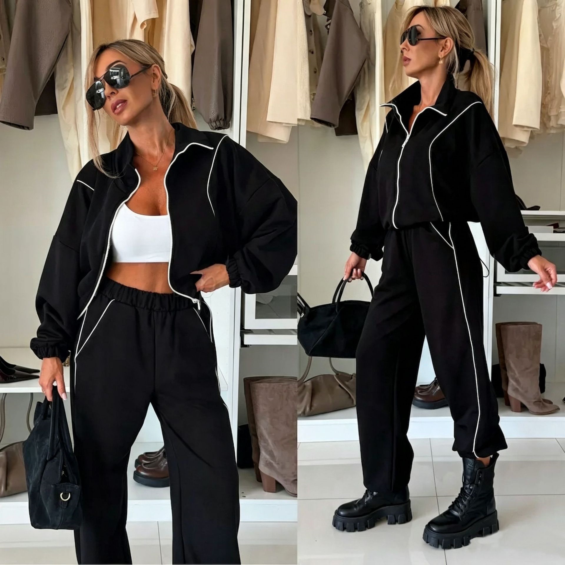Striped Color-Block Long-Sleeve Stand-Collar Jacket & Pants Two-Piece Set