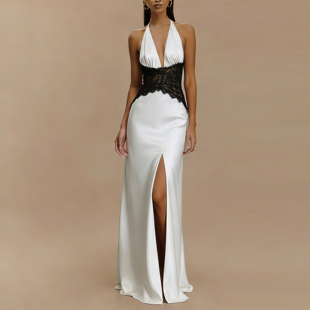 Women's Deep V Lace Sheer Backless Long Dress
