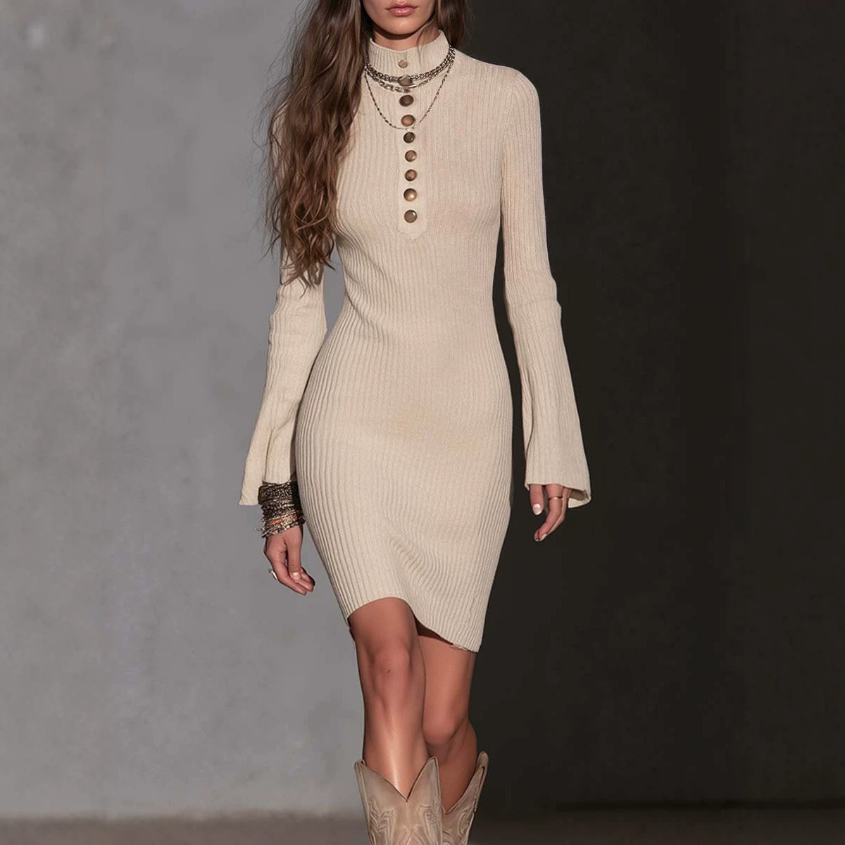 Western Ribbed Flare-Sleeve Bodycon Dress