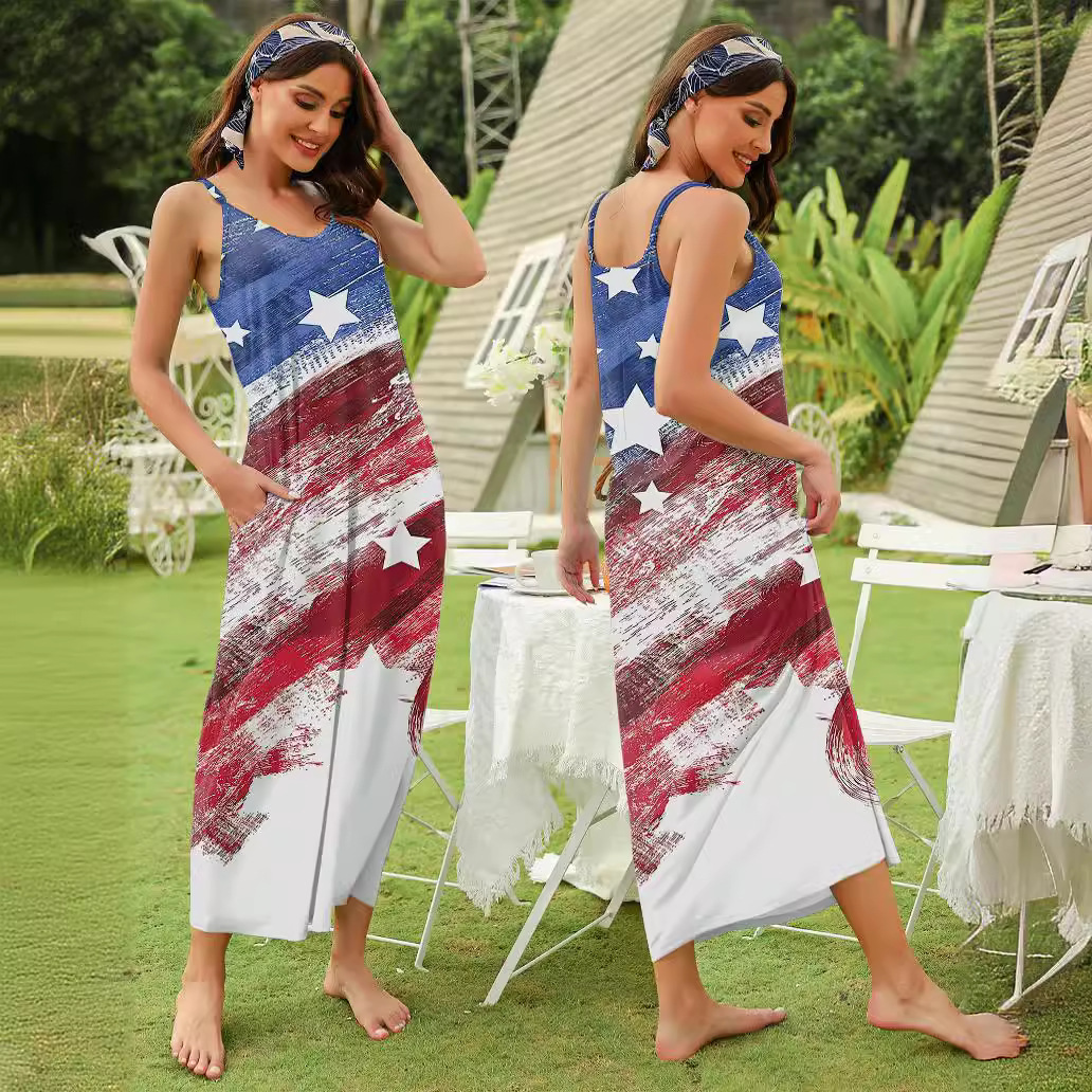 Flag Print Sleeveless A-Line Midi Dress with Pockets