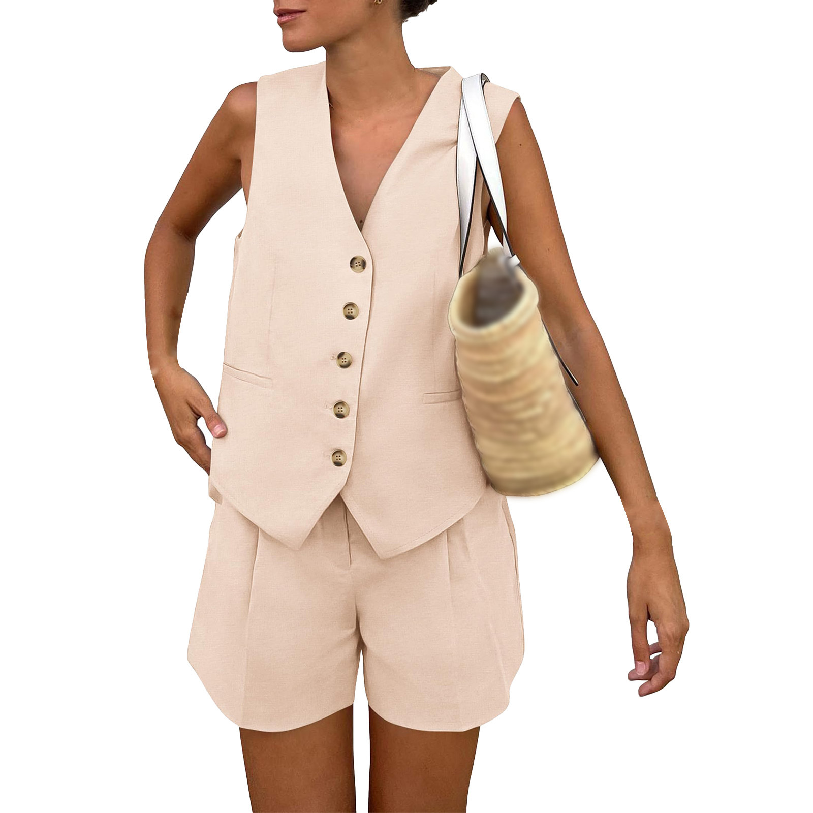 V-Neck Single-Breasted Sleeveless Vest and Shorts Casual Set