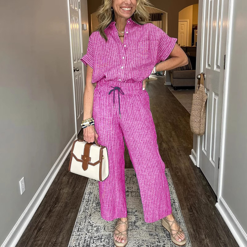 Women's Striped Two-Piece Set with Collared Short Sleeve Top and Straight-Leg Pants