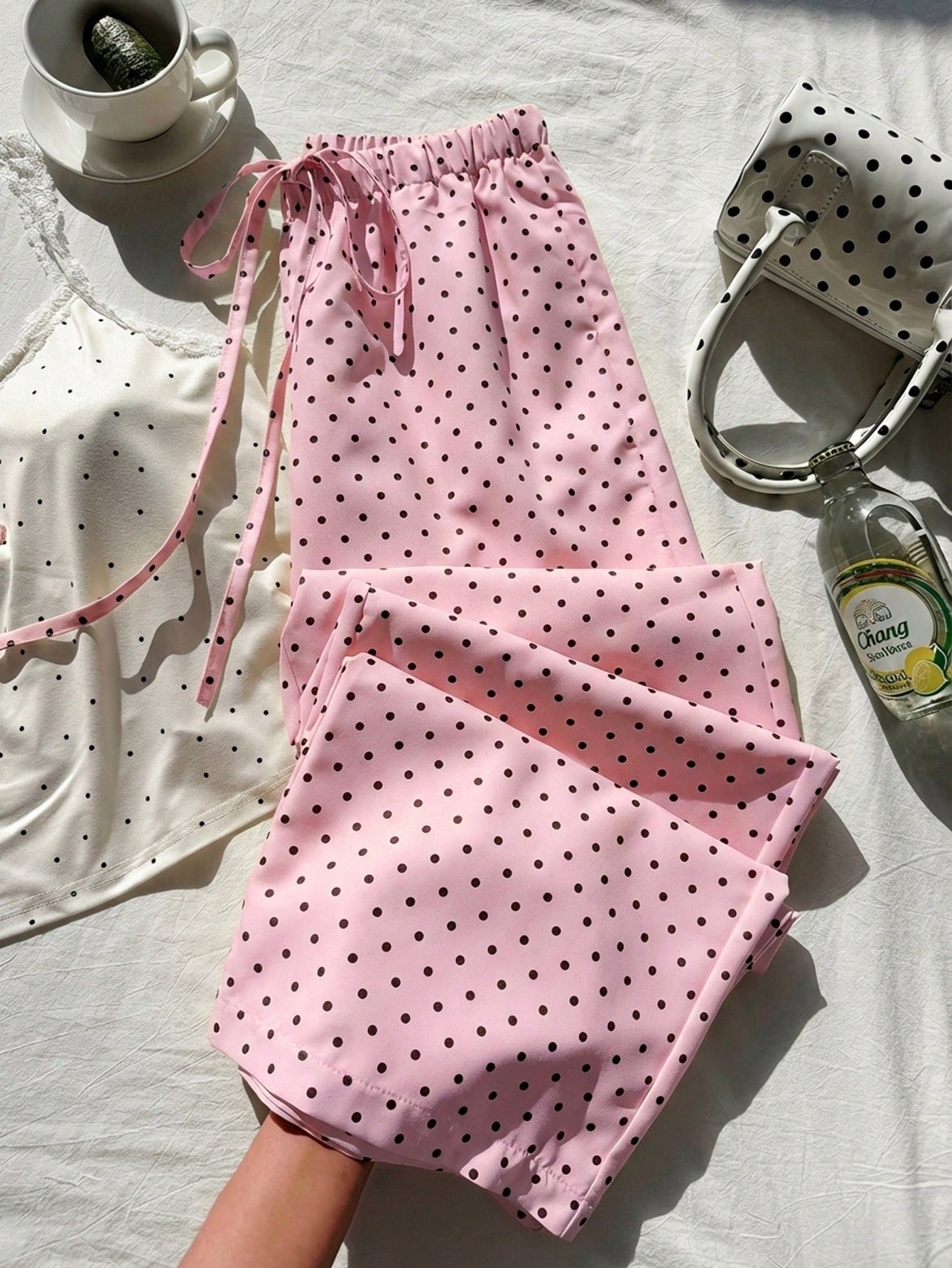 Women's Wide-Leg Polka Dot Print Elastic Waist Casual Straight Pants