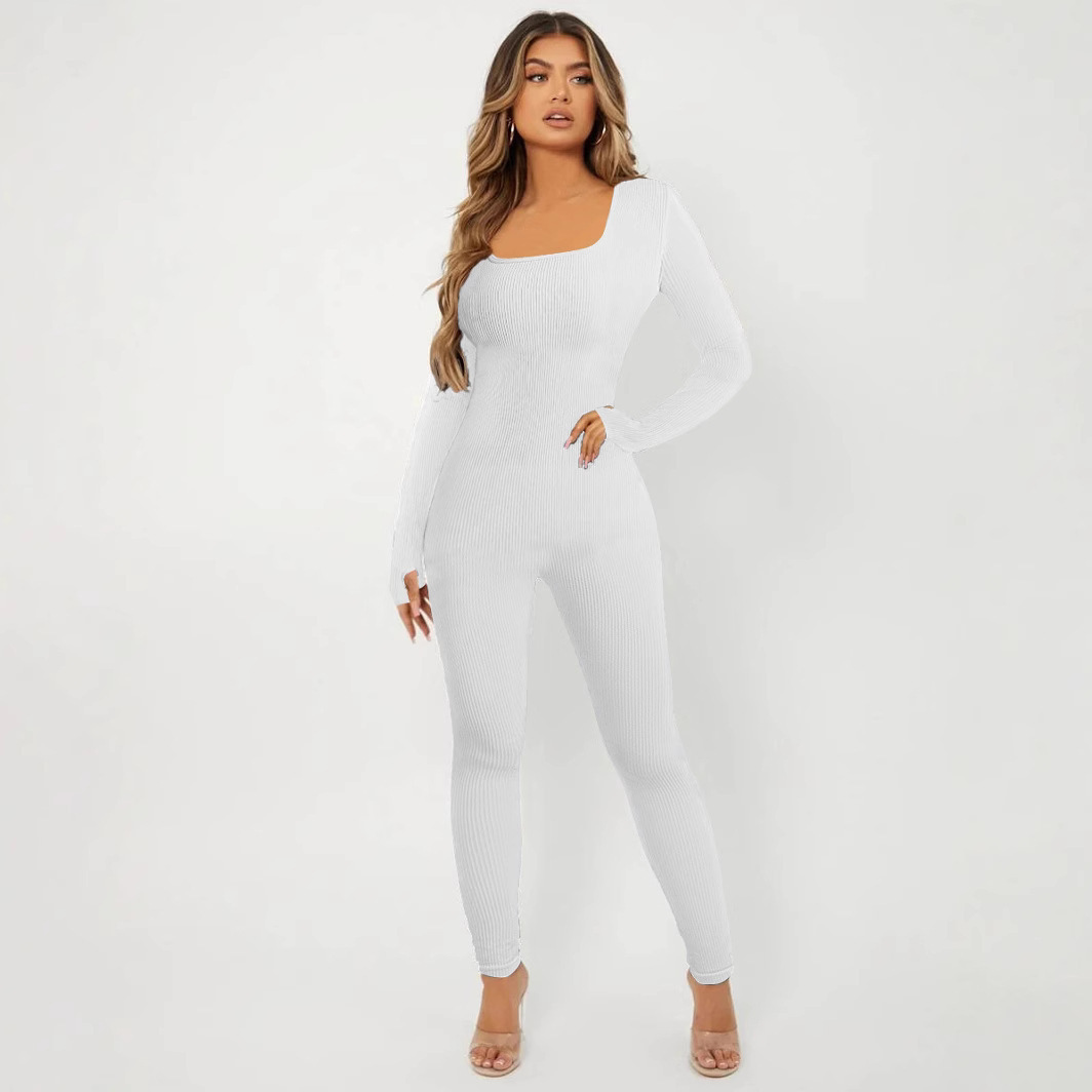 Women's Solid Color Long Sleeve Square Neck Bodysuit Jumpsuit with Butt Lifting