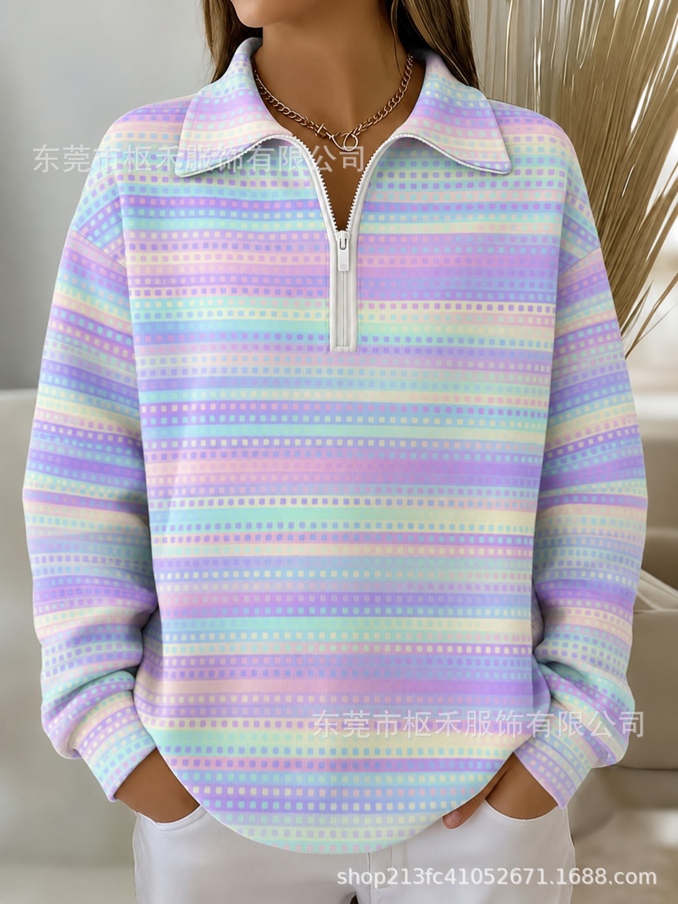 Striped Marker Print Half-Zip Hoodie with Collar