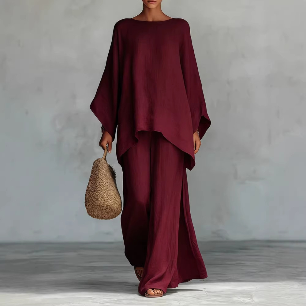 Women's Loose Linen-Blend Solid Shirt & Wide-Leg Pants Casual Set