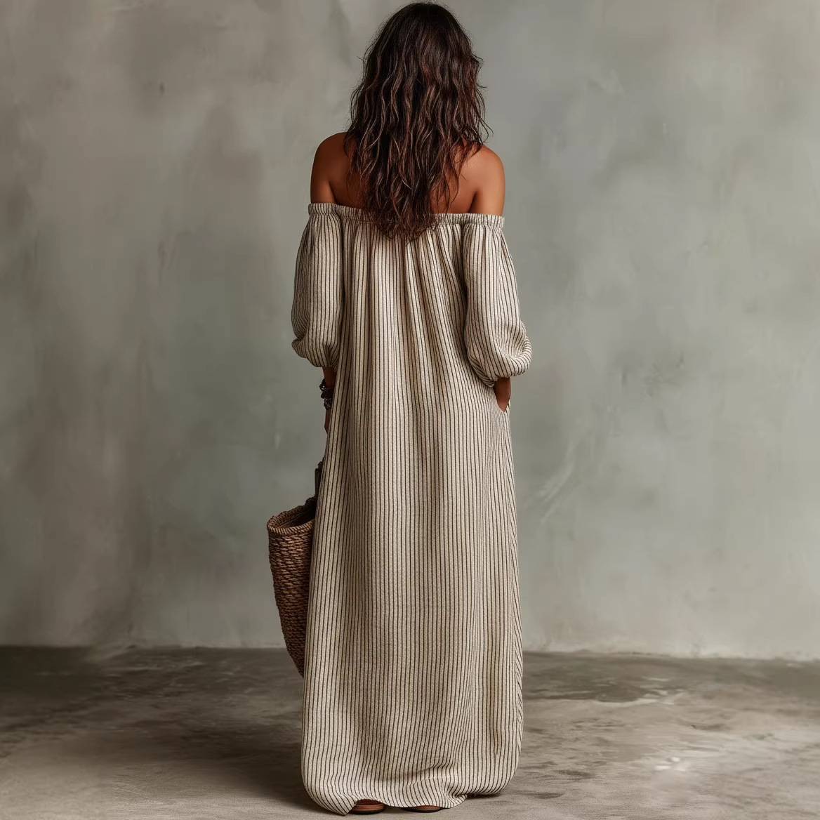 Striped Off-Shoulder Cotton-Linen Midi Dress